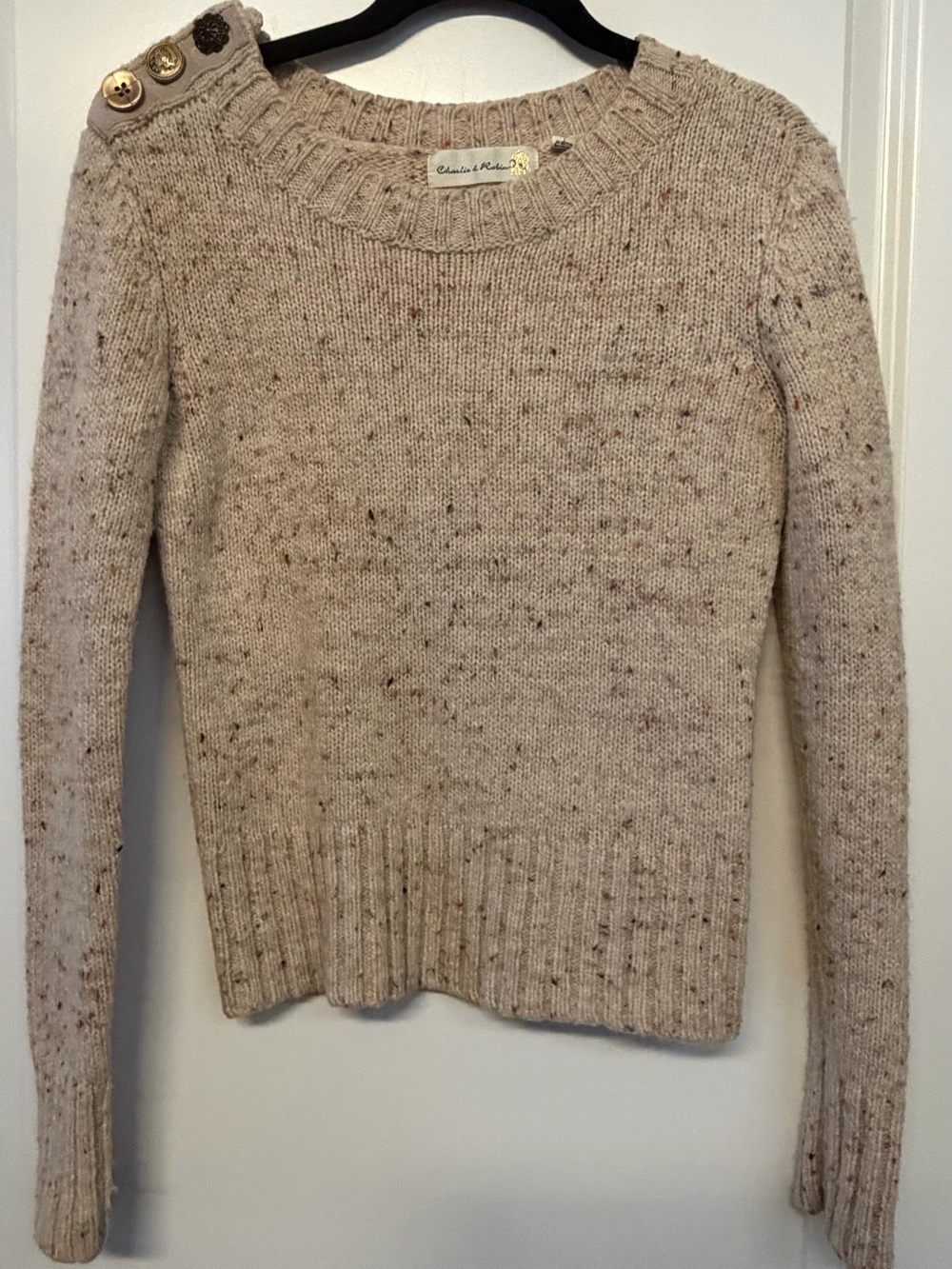 Charlie and Robin Beige Speckled Button-Shoulder Sweater